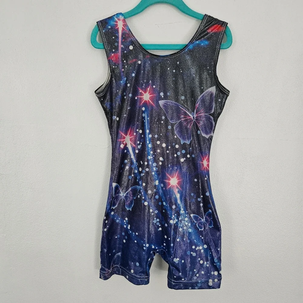 Girls Butterfly Gymnastics Biketard Set 3pc Metallic Dance Leotard Size‎ 7